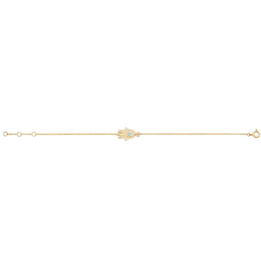 9CT Yellow Gold Ladies' 7.25" Hamsa Bracelet with White Stones