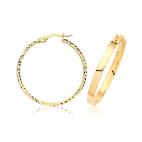 9ct Yellow Gold Diamond-Cut Hoop Earrings