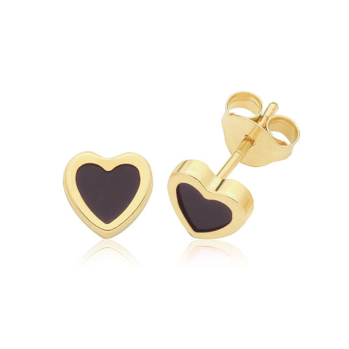 9ct Yellow Gold Onyx Heart Stud Earrings
