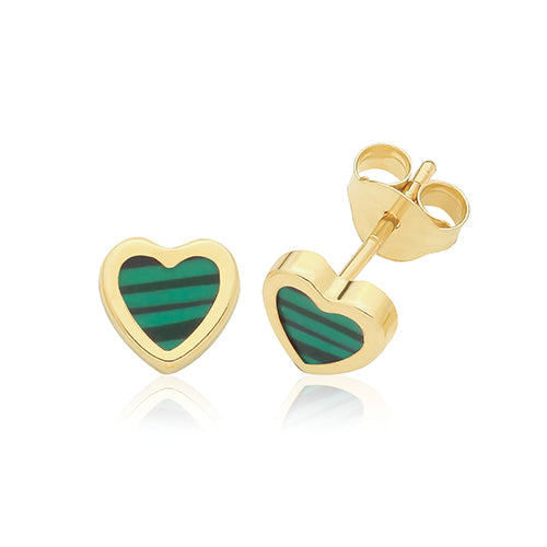 9ct Yellow Gold Malachite Heart Stud Earrings